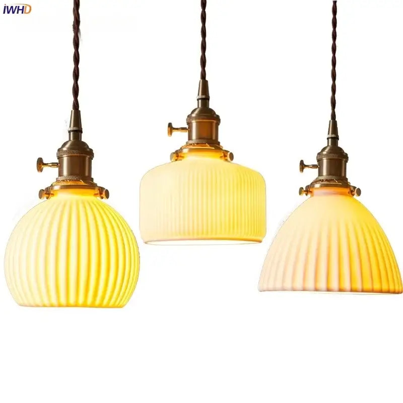 Three vintage yellow ribbed glass led pendant lights with brass fixtures ideal for kitchen dining room pendant lights