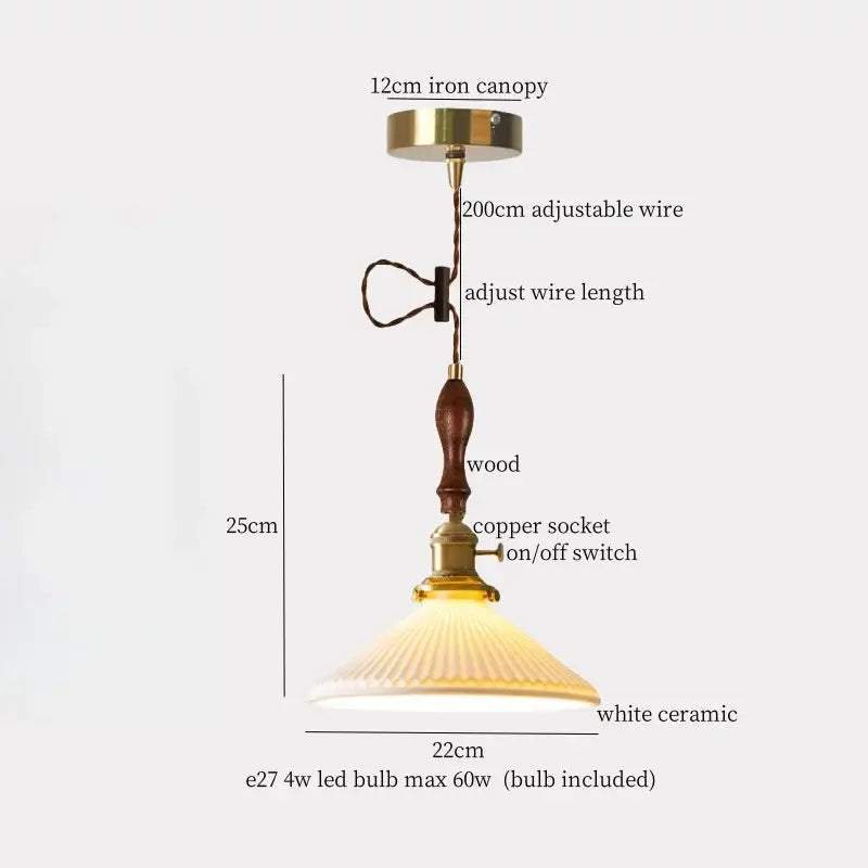 Vintage yellow ribbed glass led pendant lights with brass iron canopy, wooden handle, ceramic led pendant shade for kitchen
