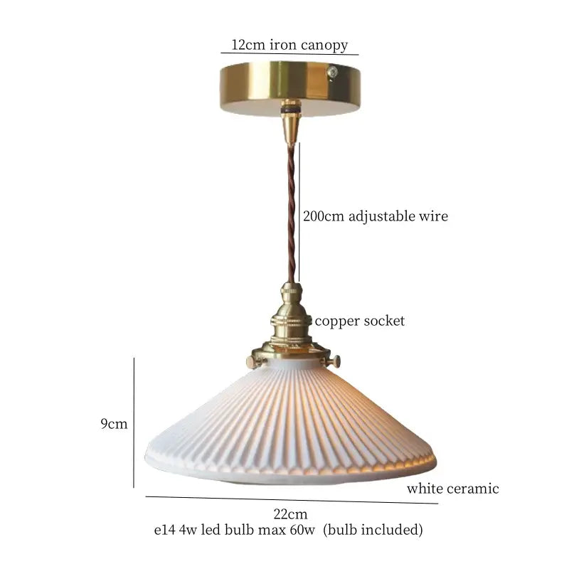 Vintage yellow ribbed glass led pendant lights featuring a white ceramic led pendant shade with brass fittings for kitchen
