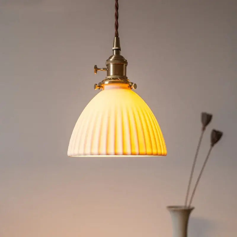 Vintage yellow ribbed glass led pendant lights with brass finish and braided cord for kitchen dining room pendant lights