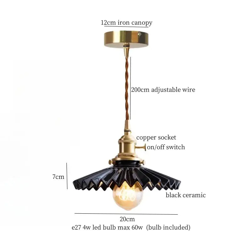 Black ceramic led pendant light with brass accents and twisted copper wire suspension for kitchen dining room lighting