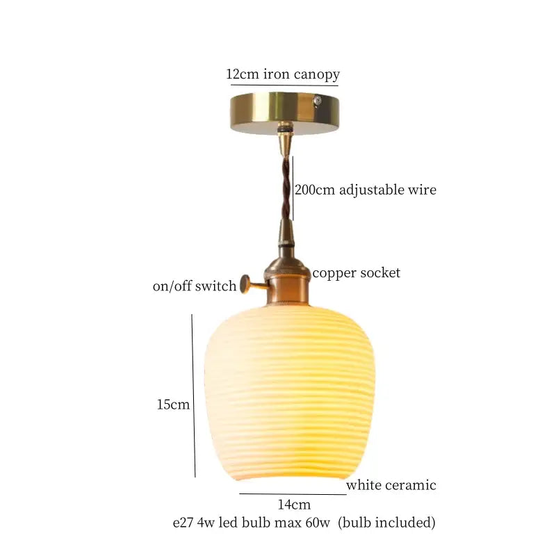 A warm white ceramic led pendant light with ribbed texture and brass fittings ideal for kitchen dining room pendant lights