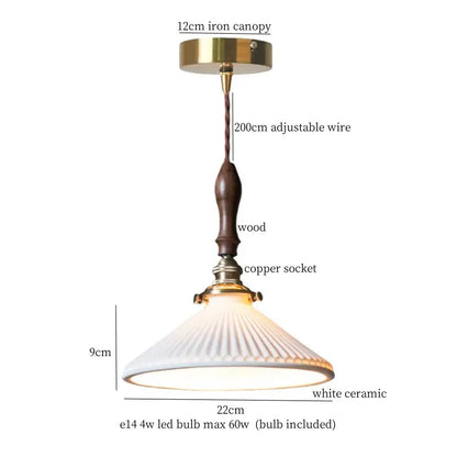 Vintage ceramic led pendant light with white ribbed shade, brass canopy, and adjustable wire for kitchen dining room use