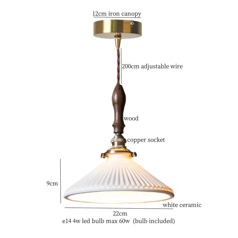 Vintage ceramic led pendant light with white ribbed shade, brass canopy, and adjustable wire for kitchen dining room use