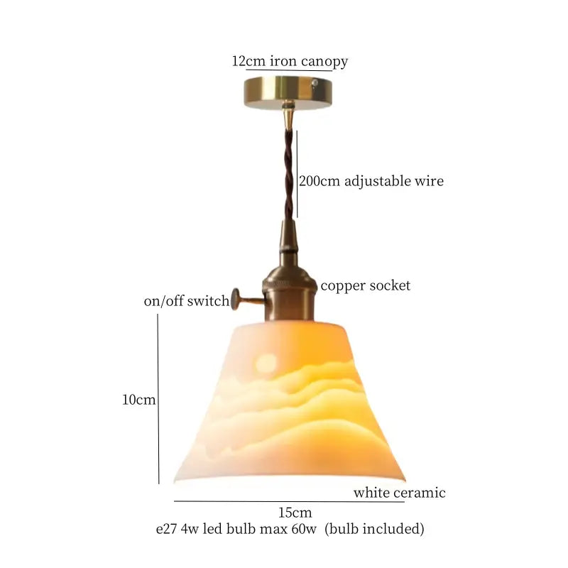 A warm-toned white ceramic led pendant lamp with sunrise design and adjustable copper socket for kitchen dining