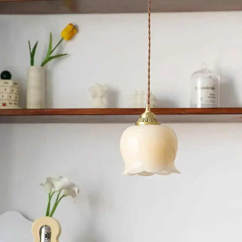 Cream-colored glass pendant light with brass resin led top and twisted copper cord for vintage yellow tulip decorbites pendant light