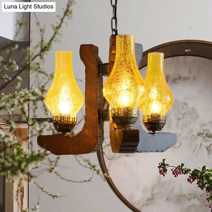 Vintage Yellow Vase Hanging Chandelier - 3-Light Crackle Glass Pendant Light with Wood Finish for Living Room