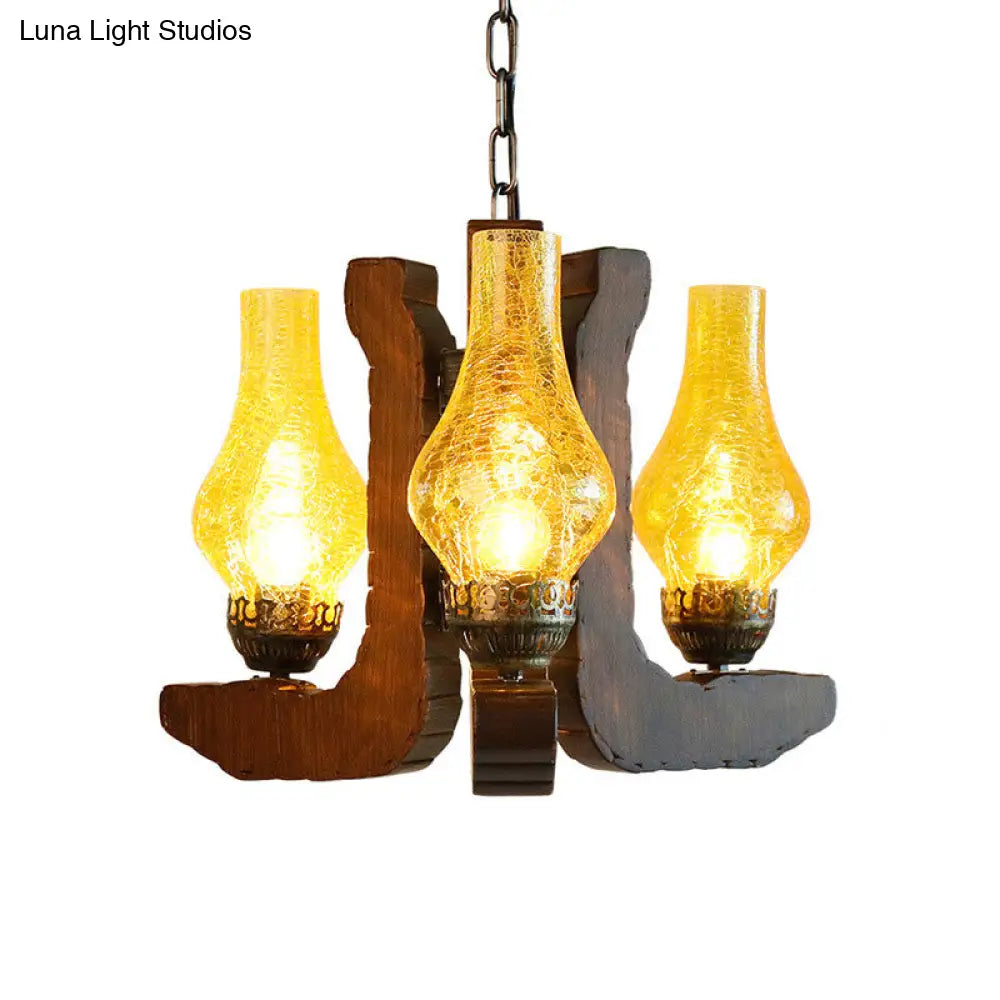 Vintage Yellow Vase Hanging Chandelier - 3-Light Crackle Glass Pendant Light with Wood Finish for Living Room