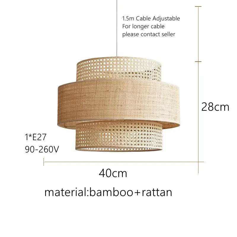 A three-tiered bamboo wabi sabi pendant light in natural beige woven bamboo and rattan for dining room use