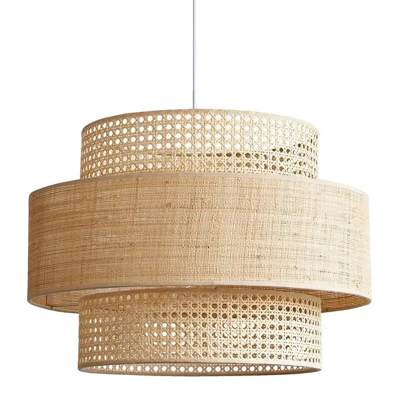 Beige bamboo wabi sabi pendant light with tiered woven cane shade featuring natural texture for dining room use