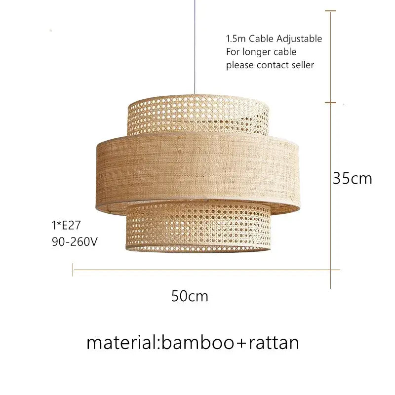 Three-tiered wabi sabi pendant light with natural beige bamboo and rattan layered shade for dining room use