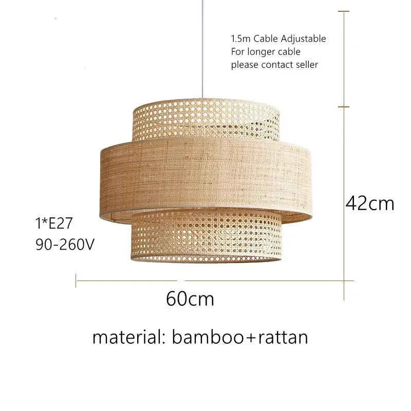 Beige bamboo wabi sabi pendant light with tiered woven rattan shade for dining room layered lighting