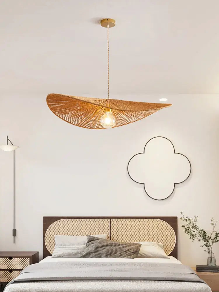 Wabi sabi bamboo fan pendant light warm-toned woven rattan design with central bulb for dining room pendant lights