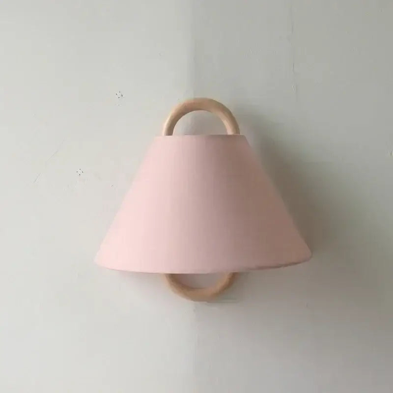 Minimalist pink ceramic wall lamp with natural beech wood ring handle for bedroom wabi-sabi beech wood wall decor