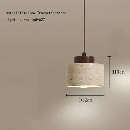 Cylindrical pendant light with yellow travertine and wood finish featuring led e27 bulb for decorbites elegant wabi decor