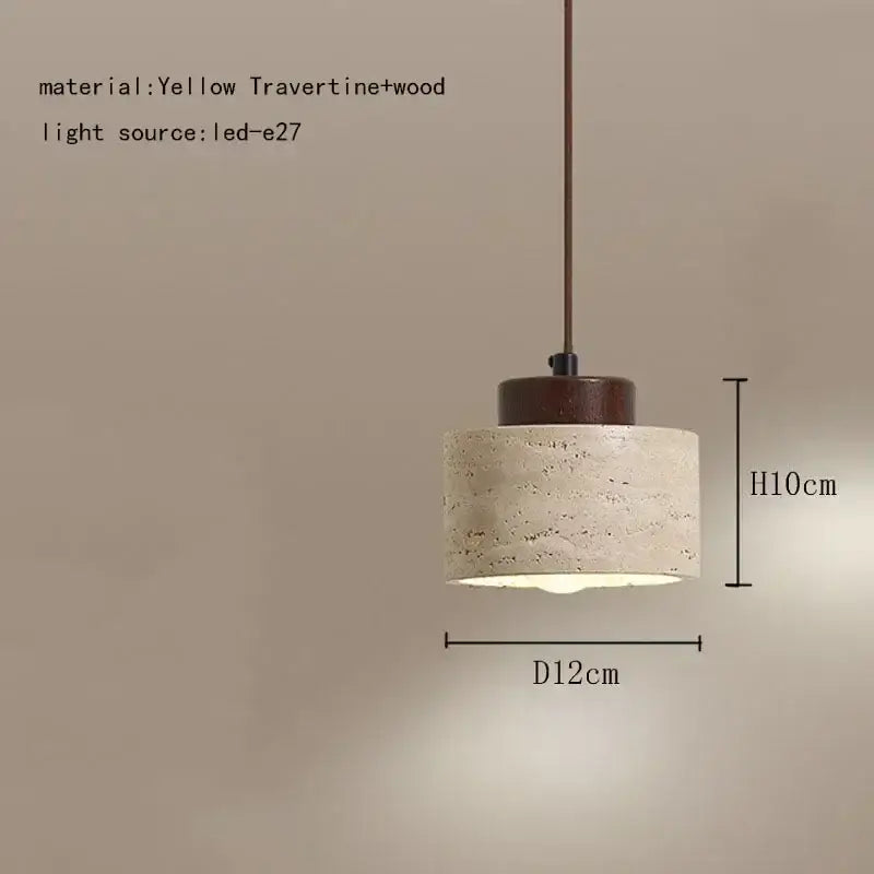 Cylindrical pendant light with yellow travertine and wood finish featuring led e27 bulb for decorbites elegant wabi decor