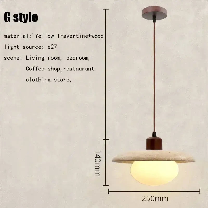 Yellow travertine and wood pendant light with warm glowing glass globe for elegant wabi sabi decorbites dining room decor