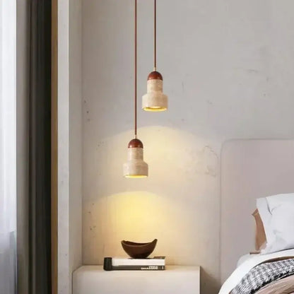 Two beige and brown ceramic pendant lights with dark wood caps by decorbites elegant wabi for dining room decor