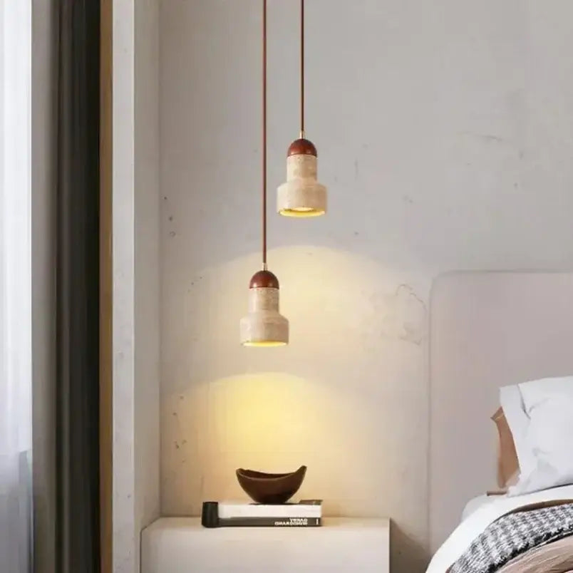 Two beige and brown ceramic pendant lights with dark wood caps by decorbites elegant wabi for dining room decor