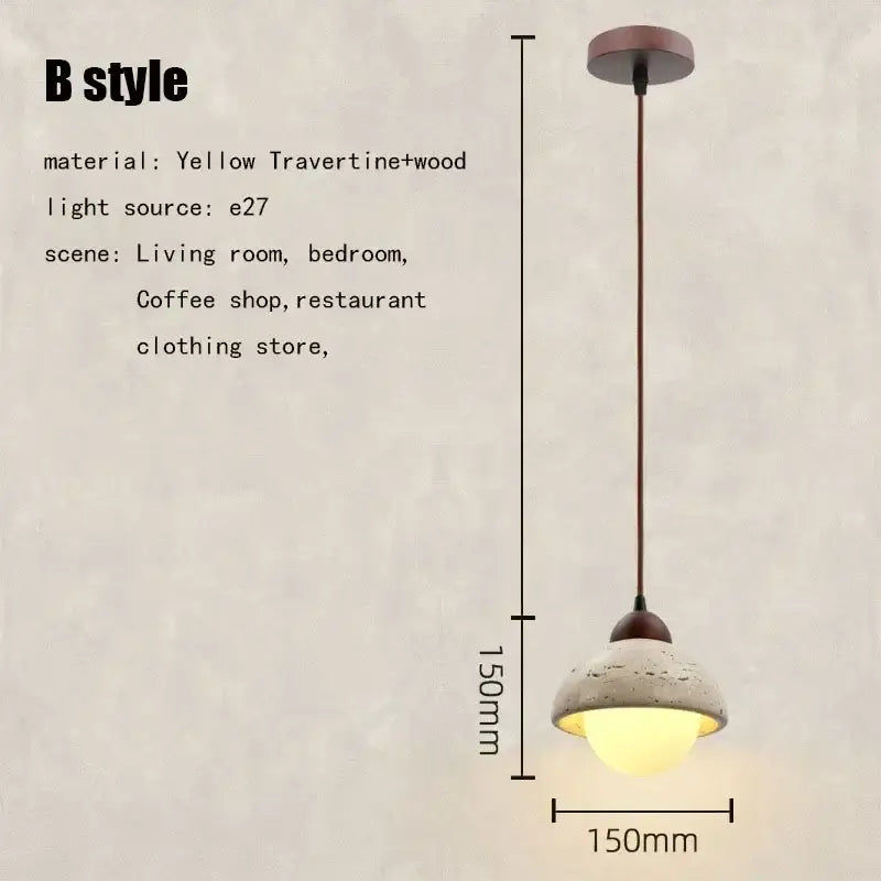 A rustic pendant light with yellow travertine and wood finish featuring e27 bulb socket for elegant wabi sabi decorbites