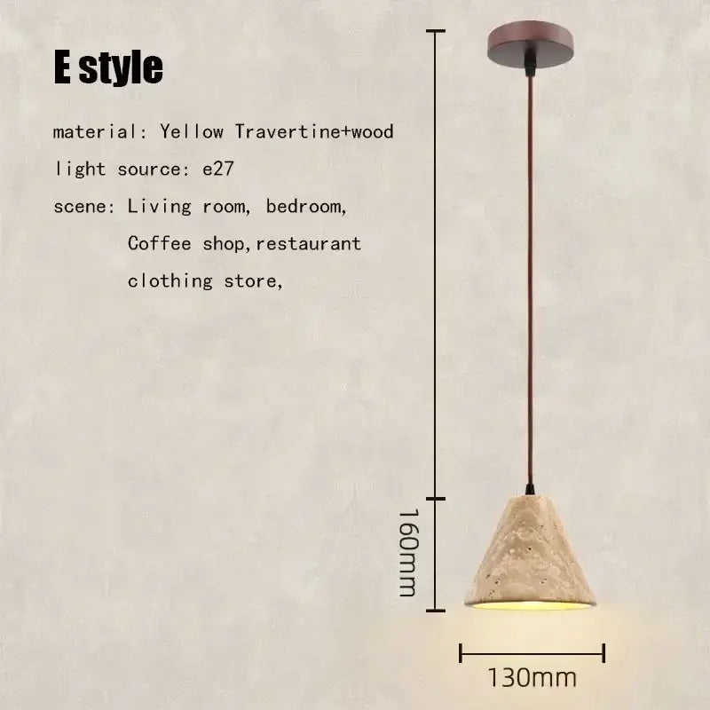 A warm-toned cone-shaped pendant light made of yellow travertine and wood for elegant wabi sabi decorbites ambiance