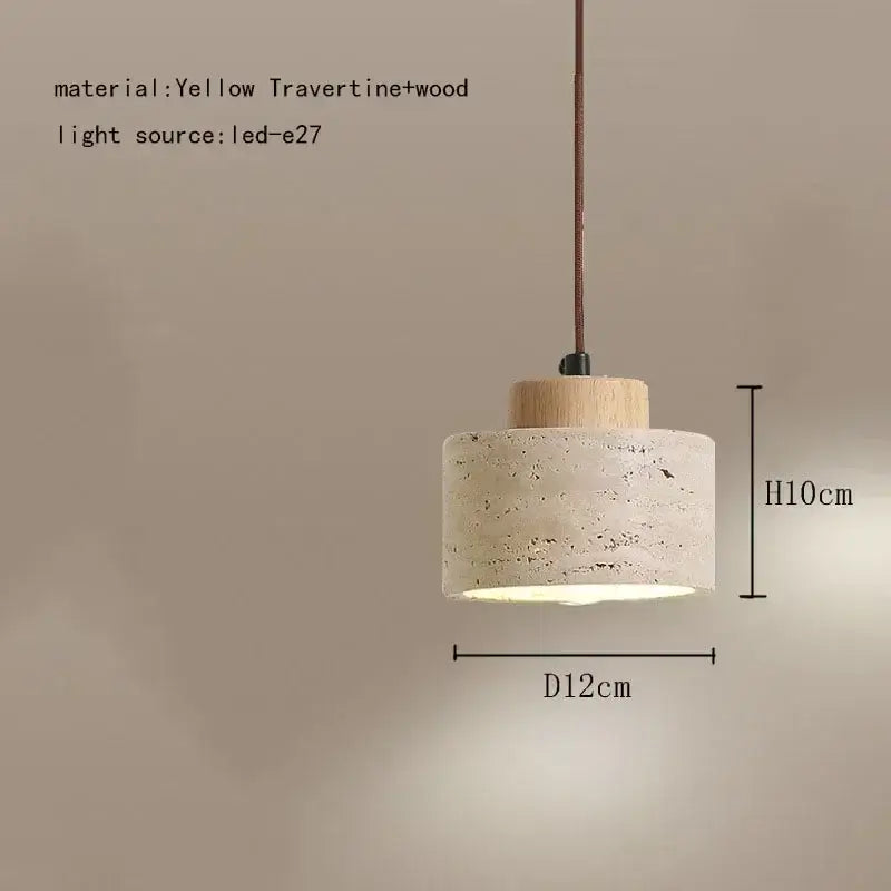 Cylindrical pendant light with textured yellow travertine and wood finish featuring led-e27 bulb for decorbites elegant wabi sabi dining room decor
