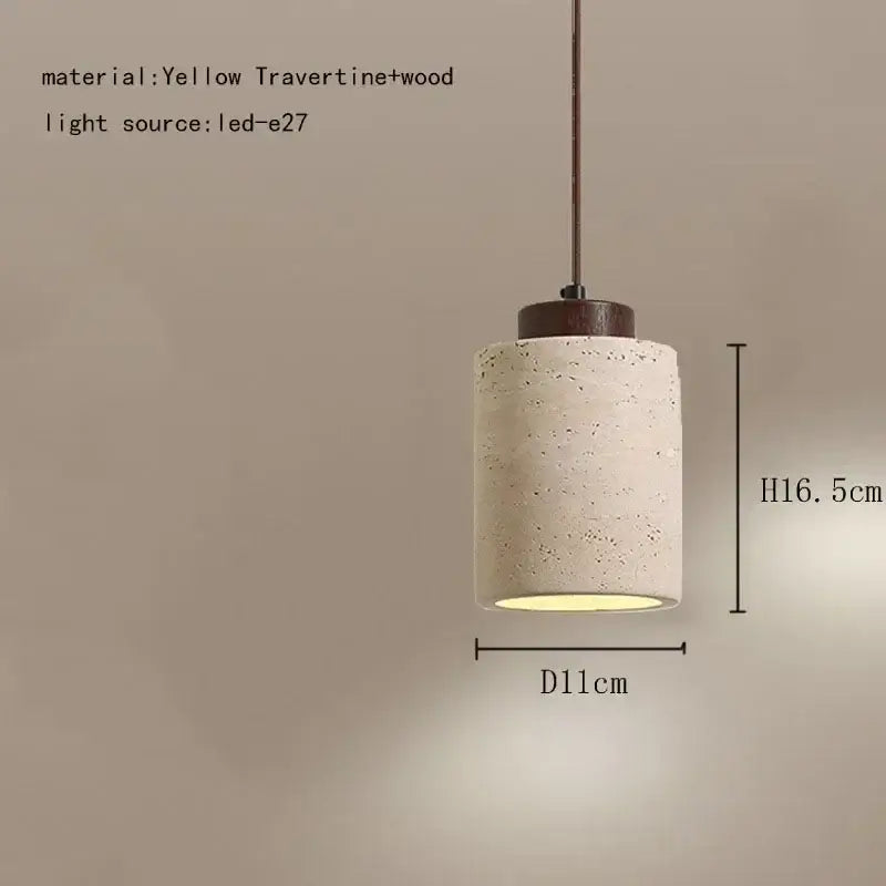 A cylindrical pendant light with textured off-white yellow travertine and wood finish for decorbites elegant wabi