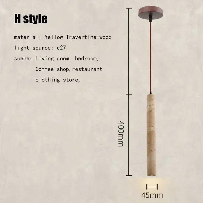 Yellow travertine and wood h-style pendant light with matte copper ceiling fixture for elegant wabi sabi decorbites design