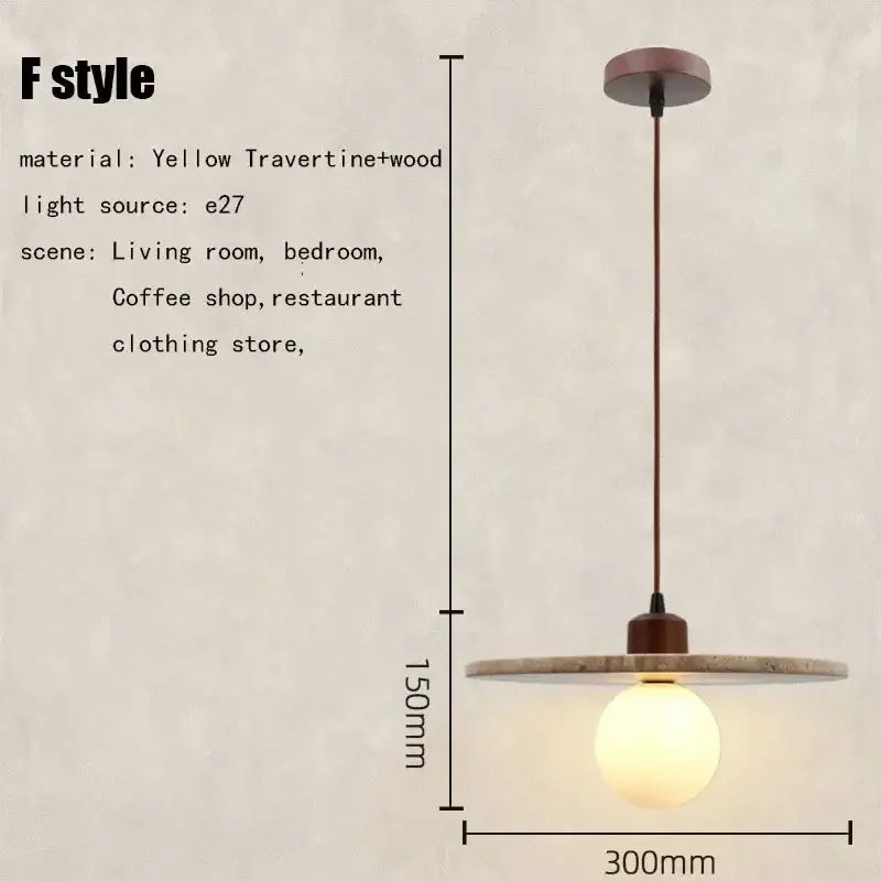 Yellow travertine wood pendant light with warm glow and rustic brown metal accents for elegant wabi sabi decorbites