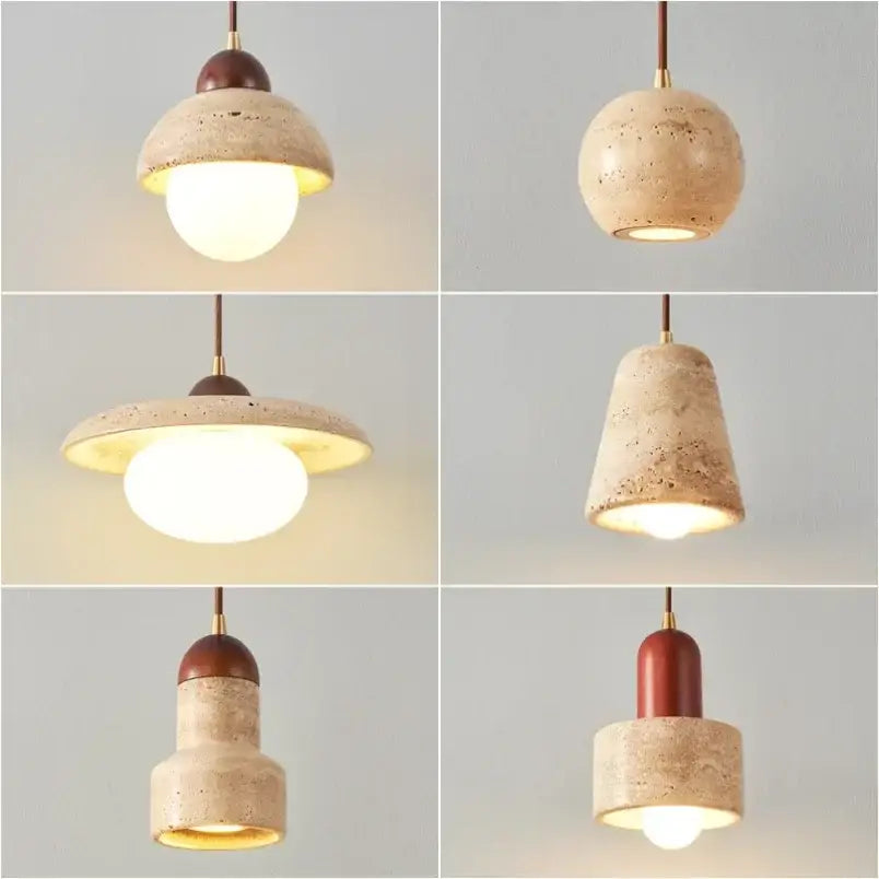 Beige speckled concrete pendant light with brass accents and warm glow for decorbites elegant wabi dining room decor