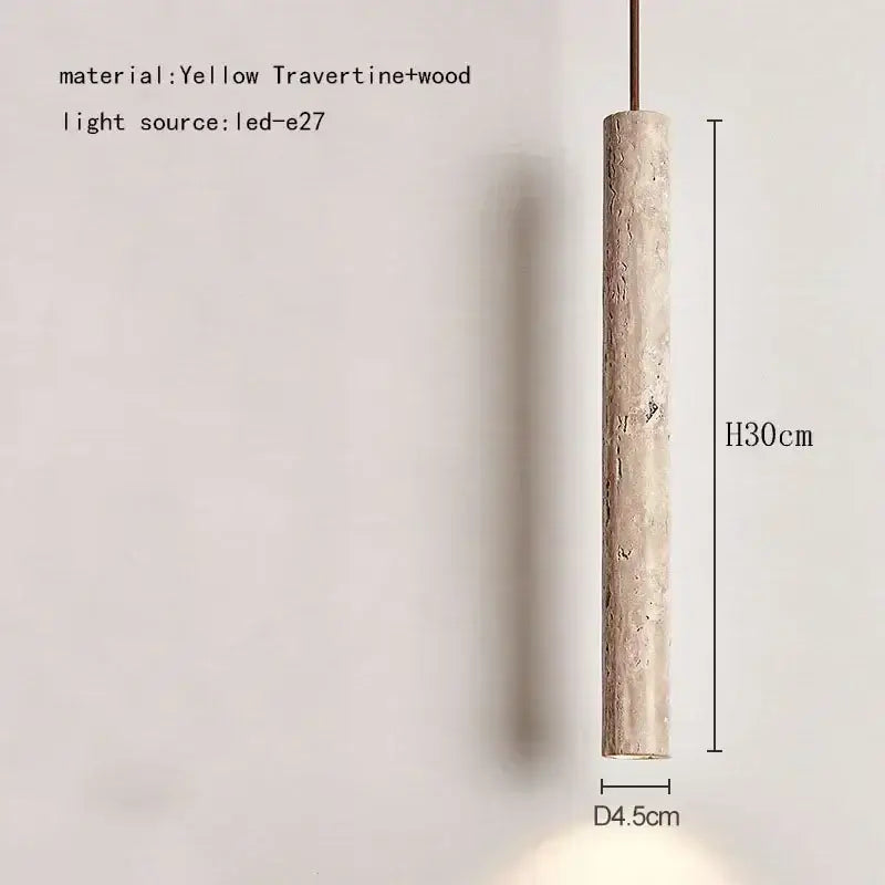 A cylindrical yellow travertine and wood pendant light with led e27 bulb for decorbites elegant wabi dining room decor