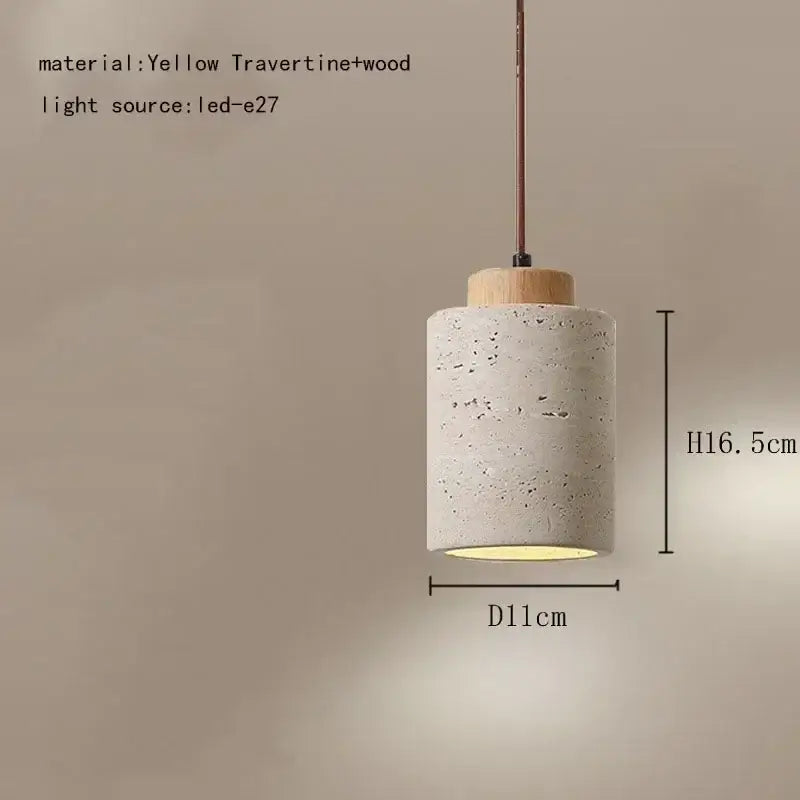 A cylindrical pendant light with textured yellow travertine and wood finish featuring led-e27 bulb by decorbites elegant wabi