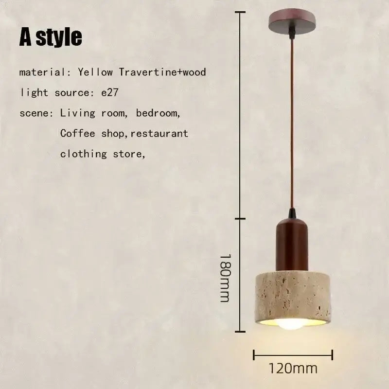 A modern pendant light with a yellow travertine base and dark brown wooden top for decorbites elegant wabi dining decor