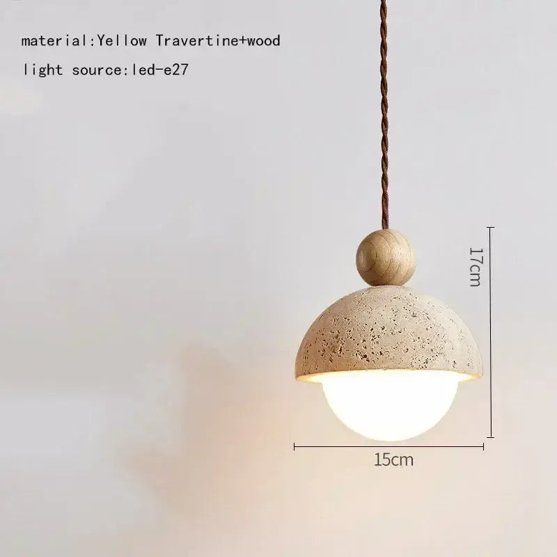 Minimalist pendant light with textured yellow travertine dome and wooden sphere by decorbites elegant wabi sabi