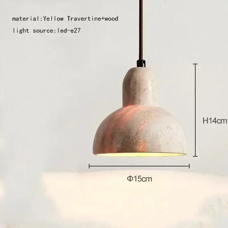 Pendant light with textured yellow travertine and wood composite shade featuring warm copper accents for decorbites elegant wabi