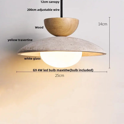 Wabi sabi beige and brown pendant light fixture with wooden canopy yellow travertine shade and white glass diffuser