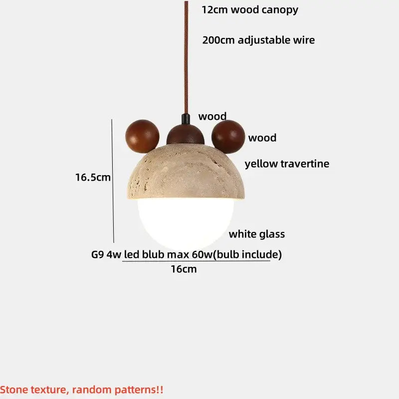 Wabi sabi beige and brown pendant light fixture with yellow travertine dome and dark wood spheres for living room use