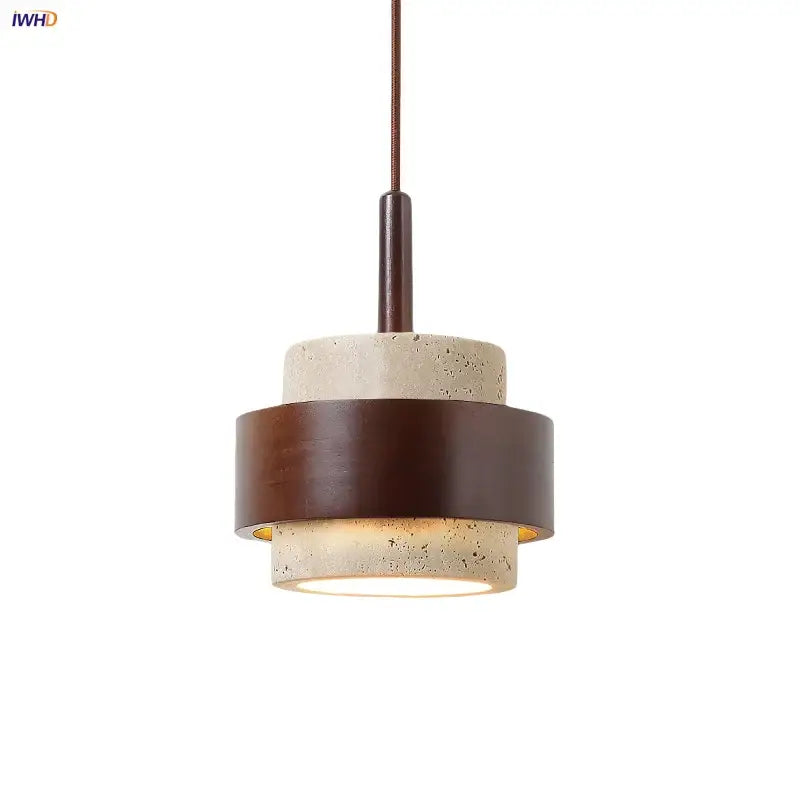 Wabi sabi beige and brown pendant light fixture with textured concrete body and dark metal rings for living room