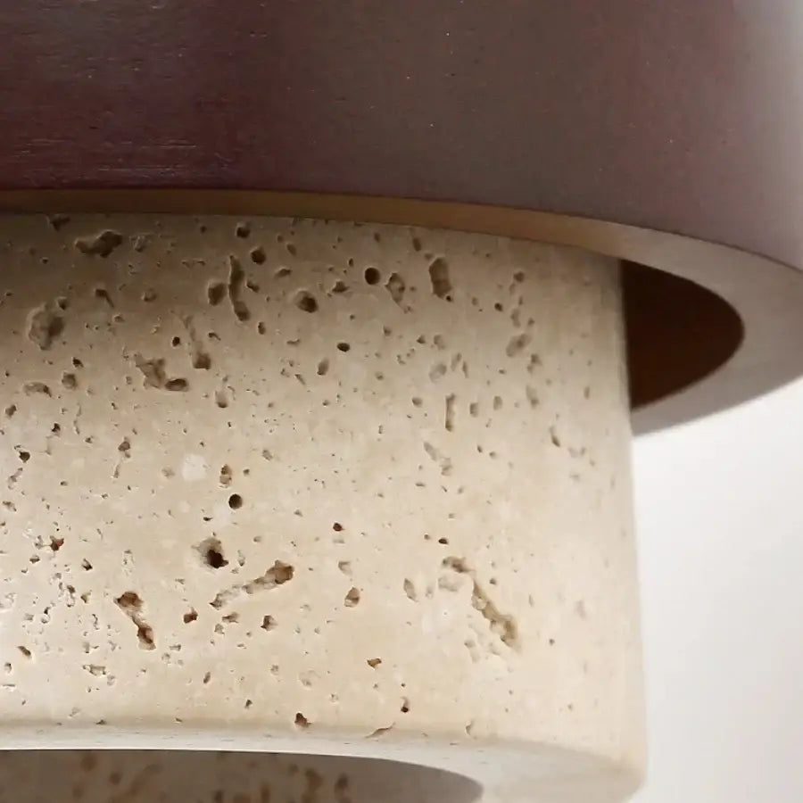 Wabi sabi beige textured stone pendant light fixture with dark brown metallic top for living room lighting