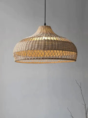 Wabi sabi beige bamboo rattan pendant light with intricate geometric patterns for dining room decorbites bamboo rattan pendant