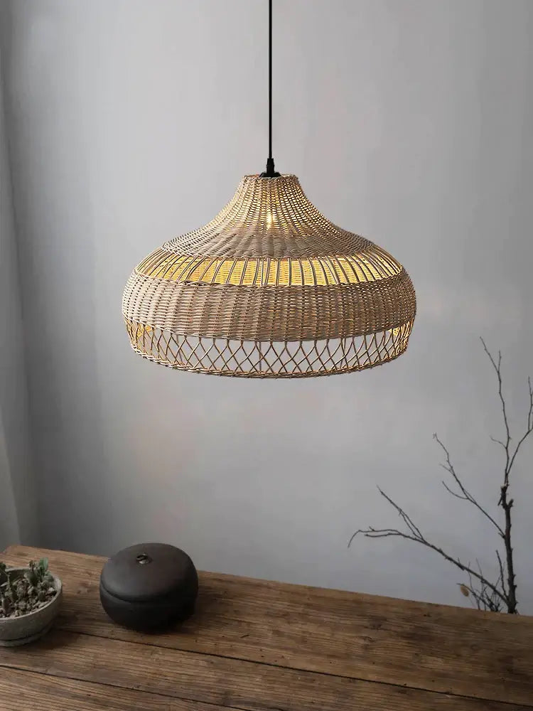 Wabi sabi beige bamboo rattan pendant light with warm golden glow for dining room featuring decorbites bamboo rattan pendant