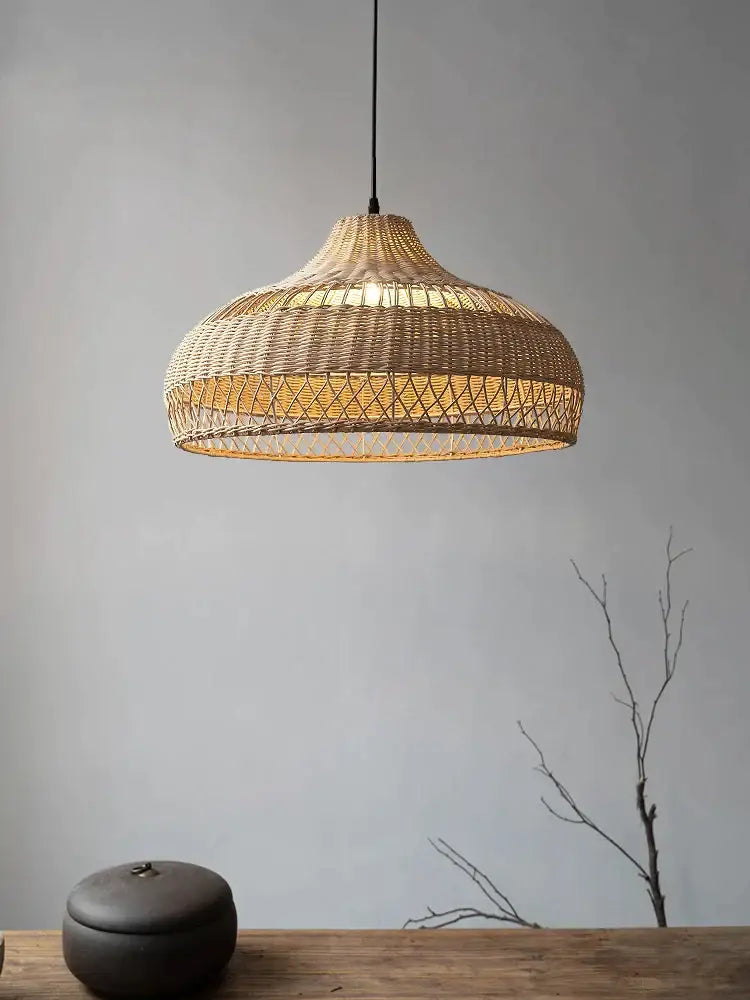 Wabi sabi beige bamboo rattan pendant light with intricate geometric patterns for dining room decorbites bamboo rattan pendant