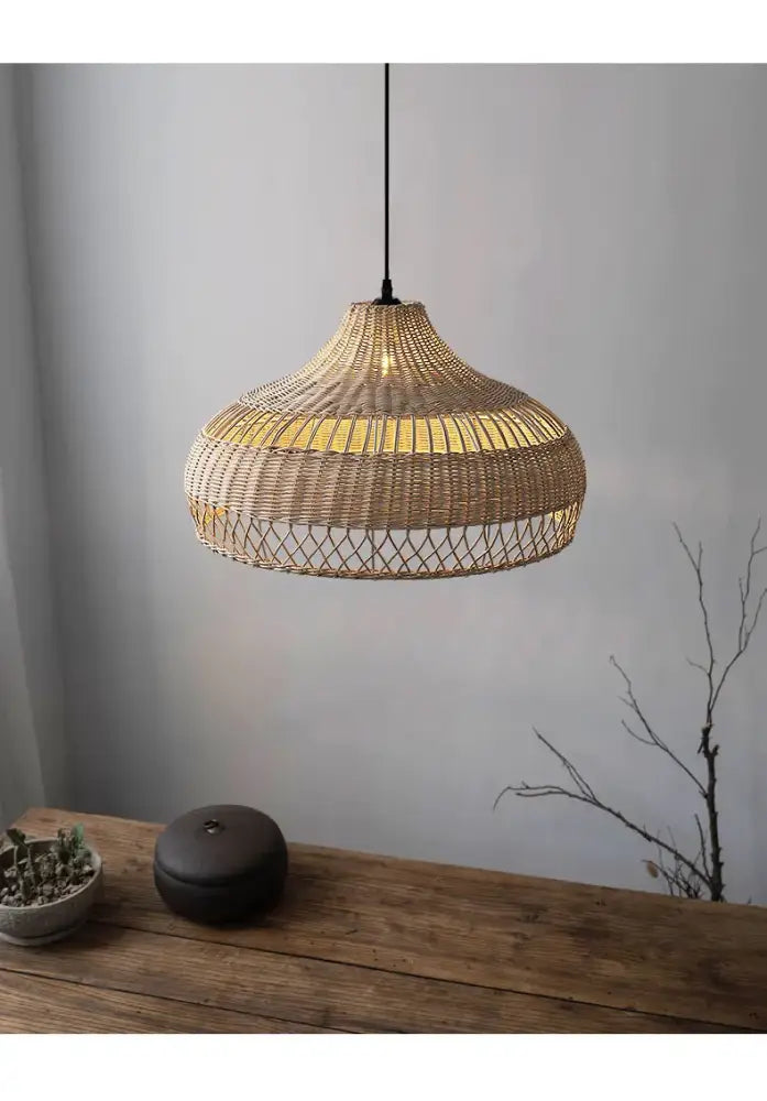 Wabi sabi beige bamboo rattan pendant light with warm golden glow ideal for dining room decorbites bamboo rattan pendant