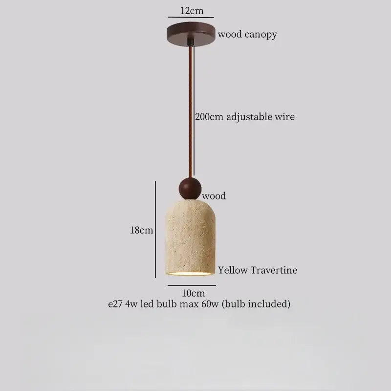 A modern pendant light with led yellow travertine shade, dark wood canopy, and adjustable bronze wire for dining room decorbites