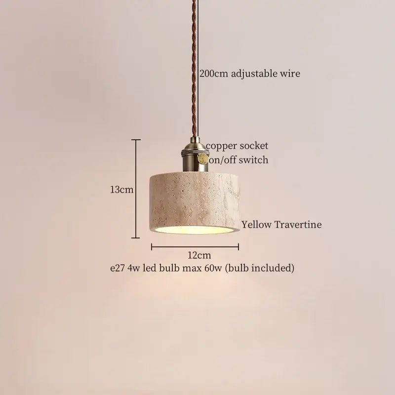 Wabi sabi beige concrete pendant light with led yellow travertine shade and brass socket for dining room decorbites led yellow