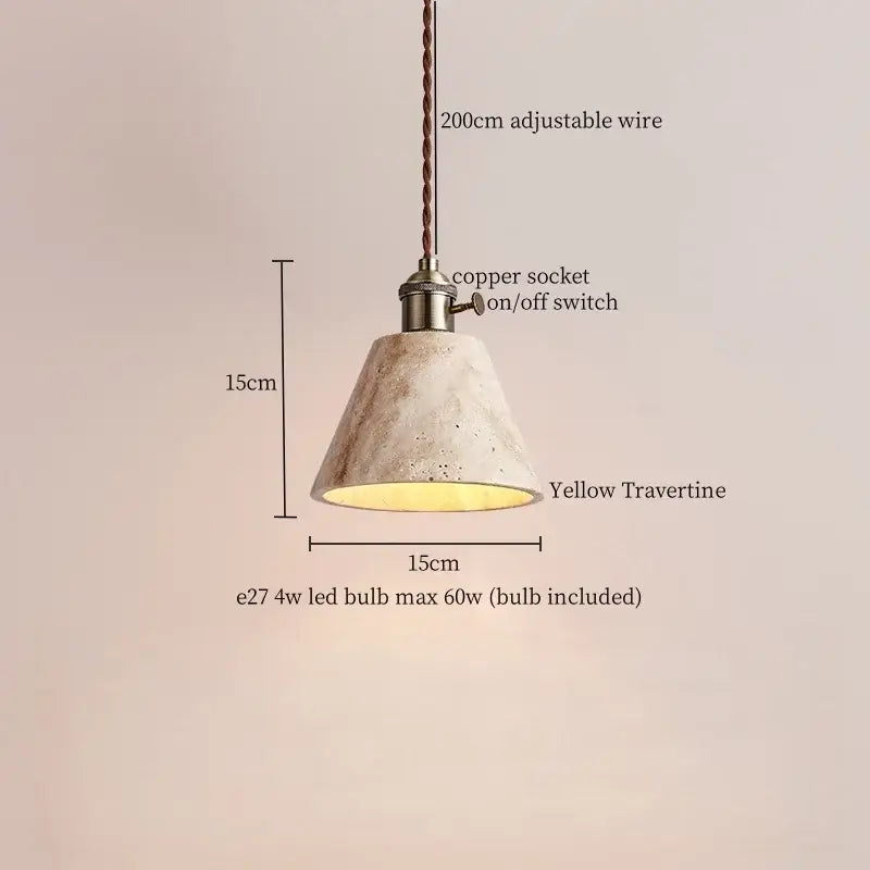 Cone-shaped warm-toned pendant lights with led yellow travertine shade and copper socket for dining room decorbites led yellow
