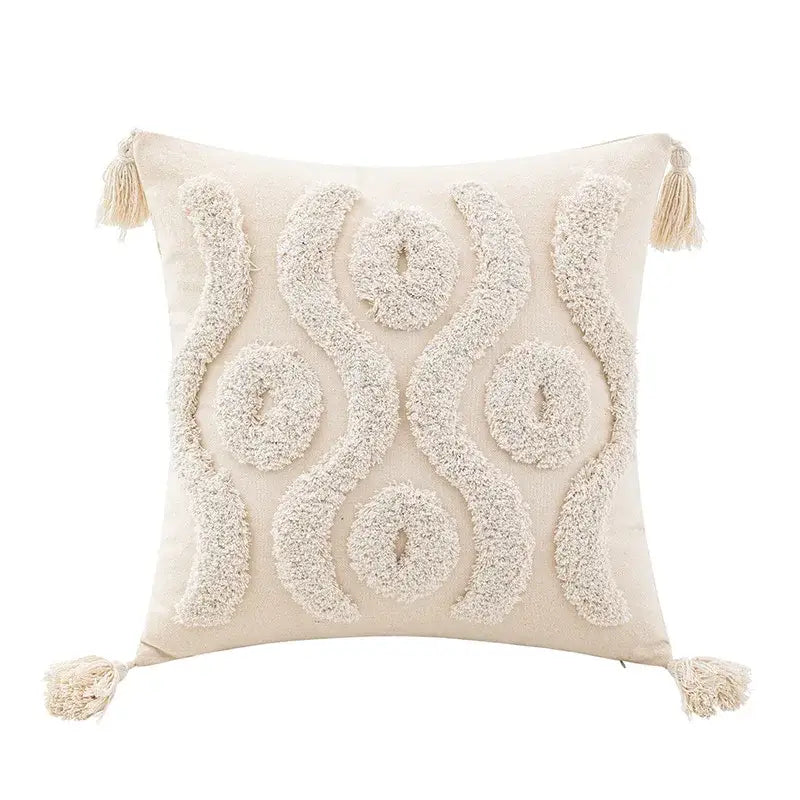 Cream-colored wabi-sabi beige tufted cushion cover with textured fluffy tassels in geometric pattern for living room