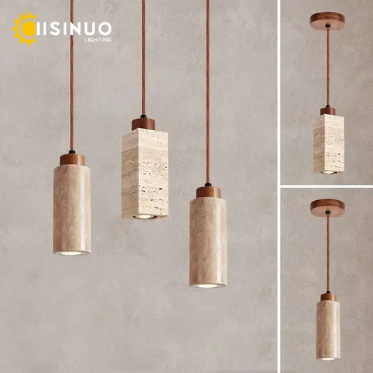 Wabi sabi beige stone pendant light with wooden accents and copper cord pendant for dining room lighting