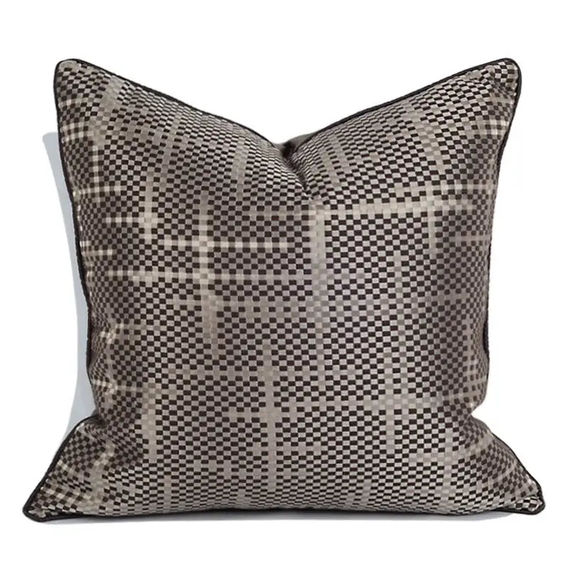 Wabi sabi black and silver pillow cover with subtle gray plaid pattern and textured weave for living room decorbites brown geometric style