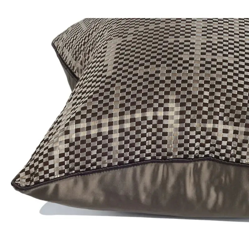 Wabi sabi pillow cover with brown geometric random woven checkered pattern and satin-finished border for decorbites decor